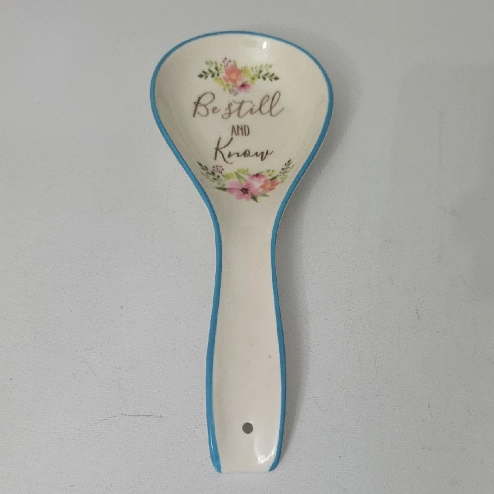 Floral Ceramic Spoon Rest with Blue Trim, NWOT